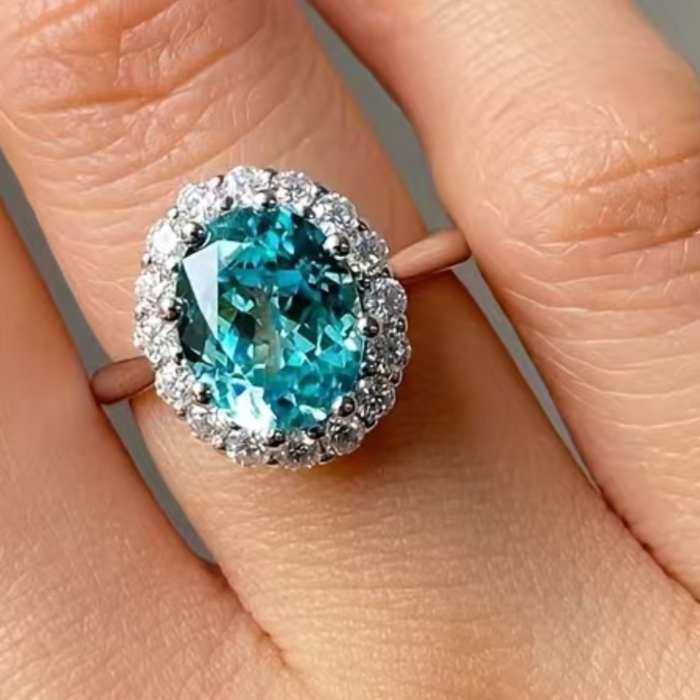 2 Ct Oval Cut Simulated Aquamarine Halo Engagement 14K White Gold Plated Ring 9